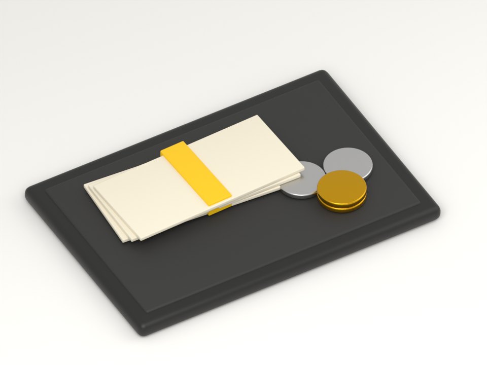 現金トレーに置いたお札と硬貨のイラスト